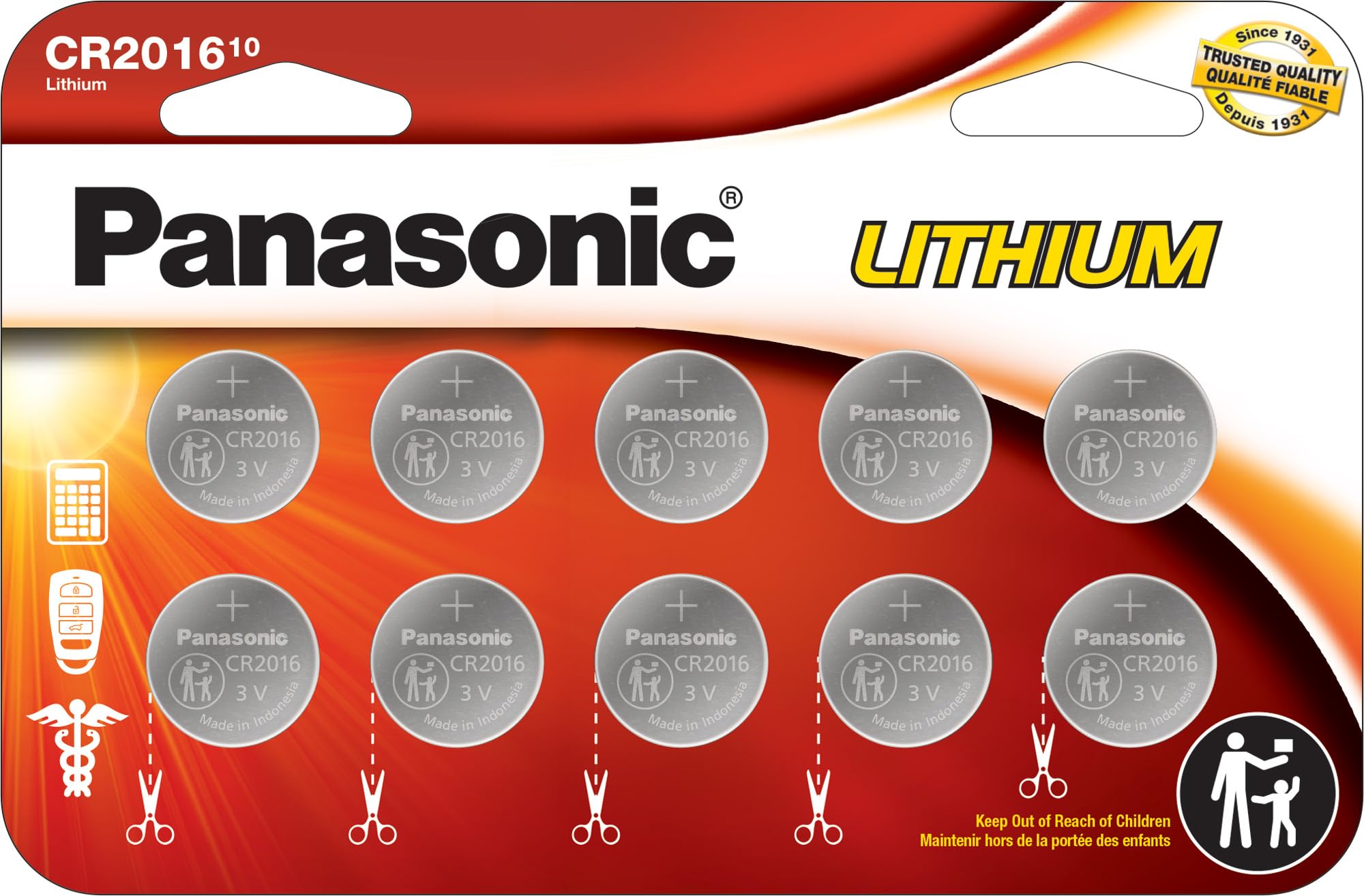 Panasonic CR2016 |0 Volt Long Lasting Lithium Coin Cell Batteries for Electronics in Child Resistant Packaging, 10-Batte